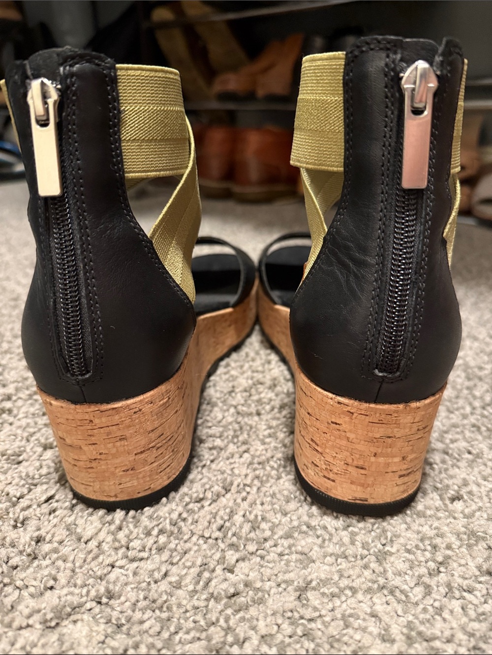 Sorel Women's Black Platform Sandals with Olive Wrap Ankle Straps - Picture 2 of 4